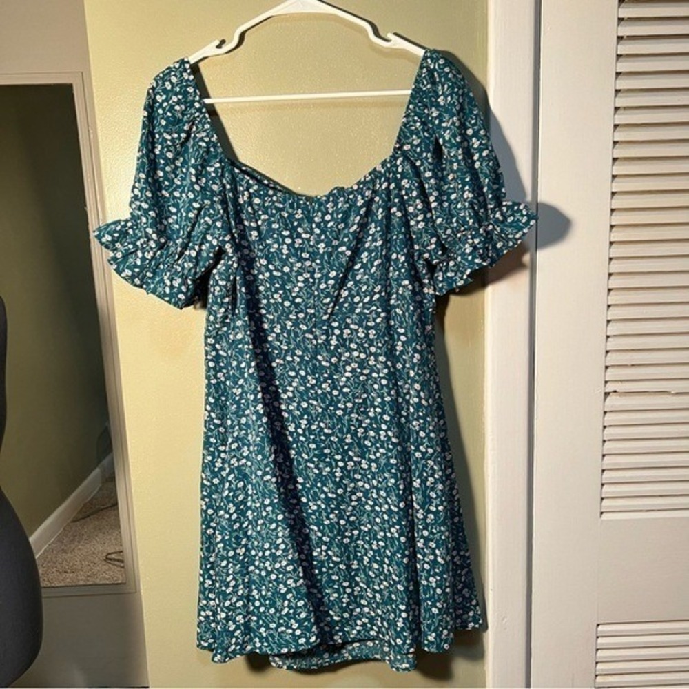 Womens Off Shoulder Mini Dress Green White Ditsy Floral Sweetheart Tie Neck Puff - Picture 9 of 13